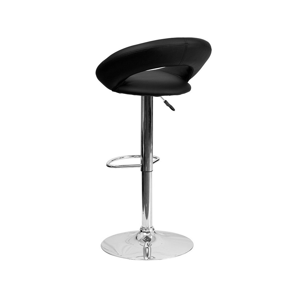 Contemporary Black Vinyl Rounded Orbit-Style Back Adjustable Height Barstool with Chrome Base