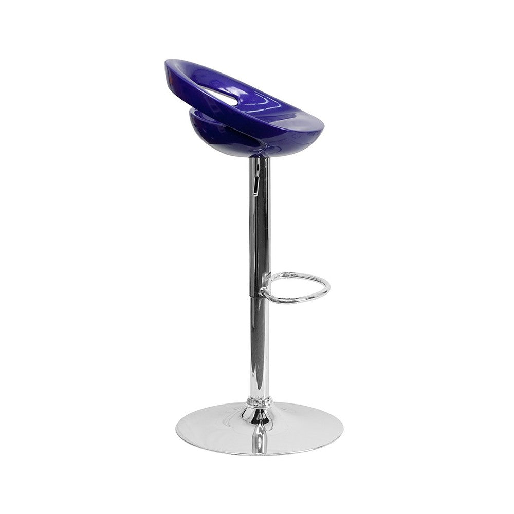 Contemporary Blue Plastic Adjustable Height Barstool with Rounded Cutout Back and Chrome Base