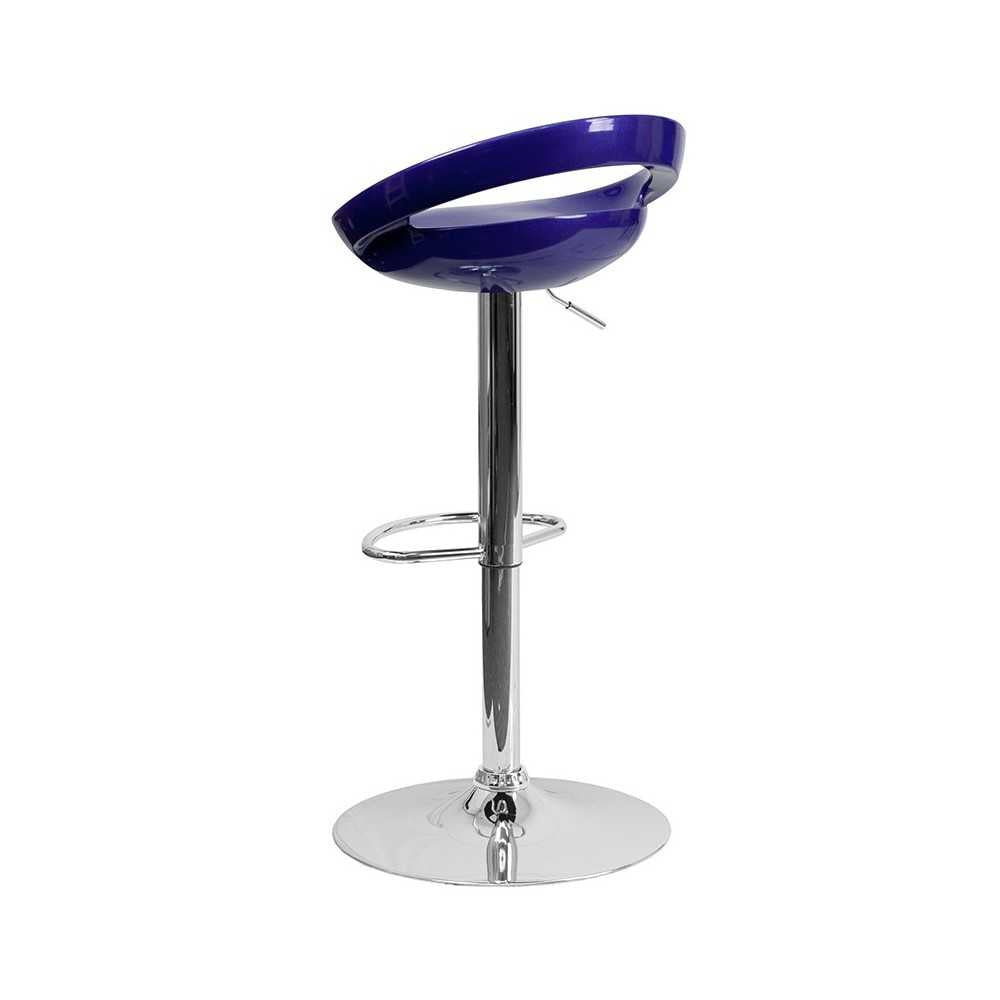 Contemporary Blue Plastic Adjustable Height Barstool with Rounded Cutout Back and Chrome Base