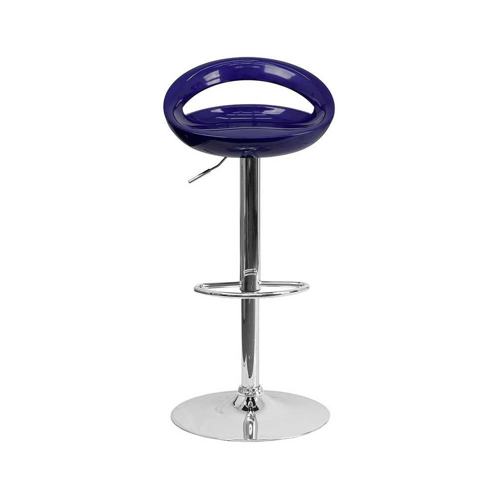 Contemporary Blue Plastic Adjustable Height Barstool with Rounded Cutout Back and Chrome Base