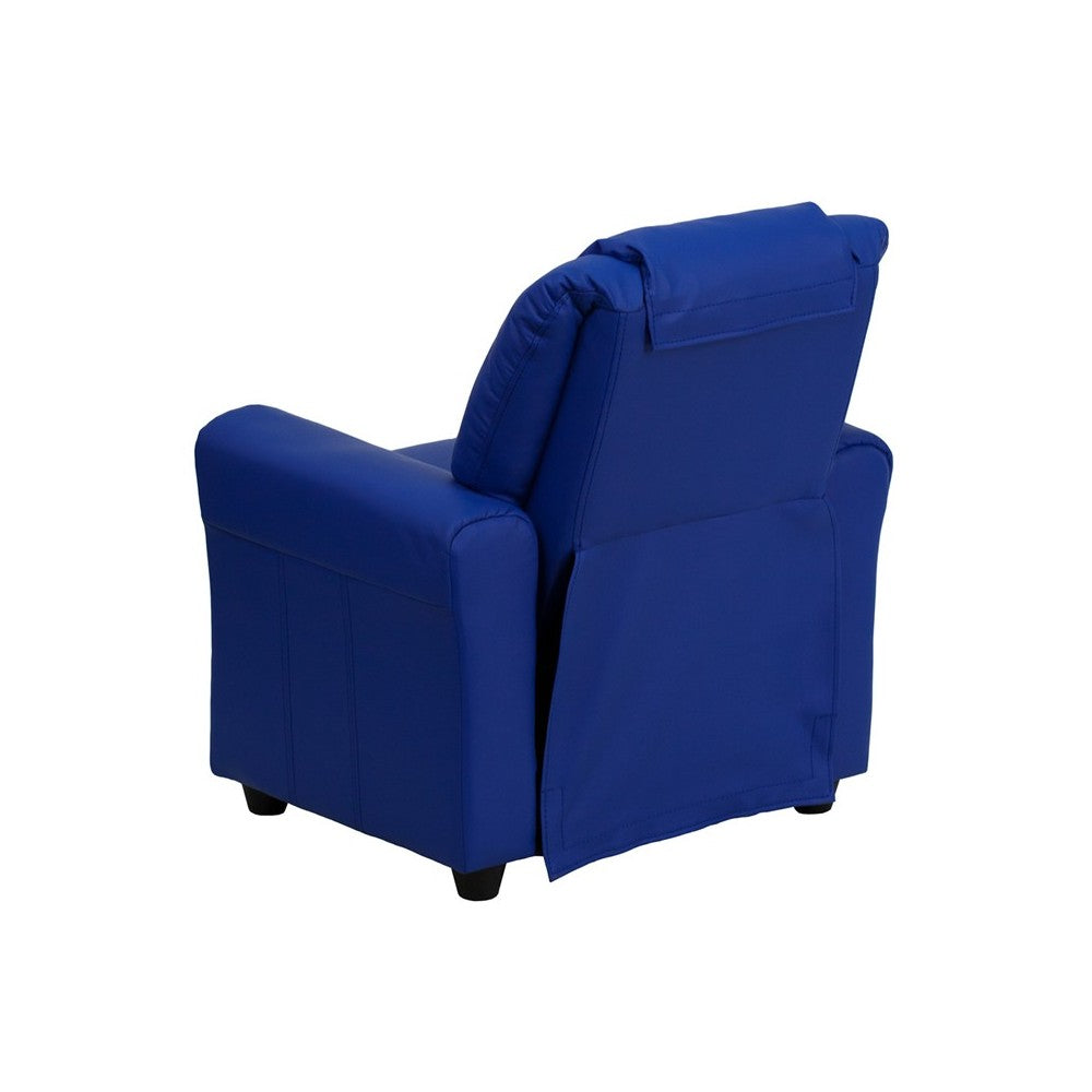 Contemporary Blue Vinyl Kids Recliner with Cup Holder and Headrest