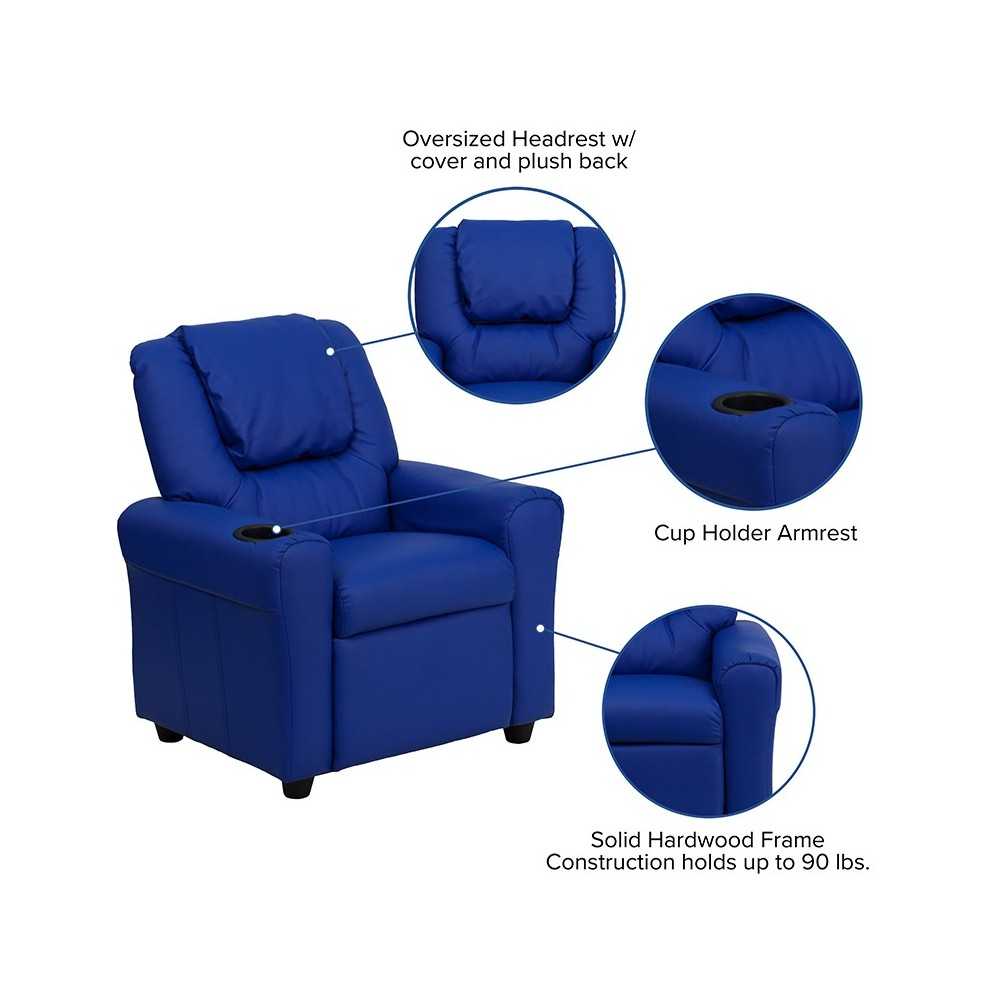 Contemporary Blue Vinyl Kids Recliner with Cup Holder and Headrest