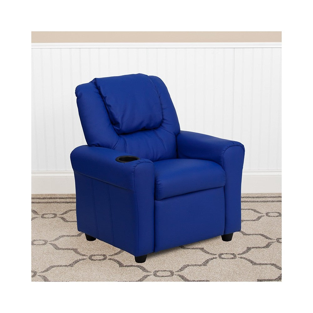 Contemporary Blue Vinyl Kids Recliner with Cup Holder and Headrest