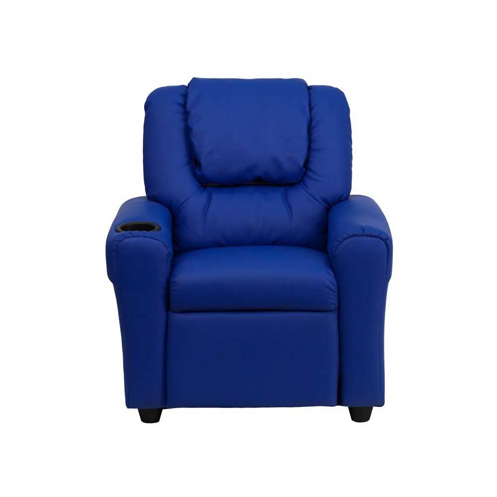 Contemporary Blue Vinyl Kids Recliner with Cup Holder and Headrest