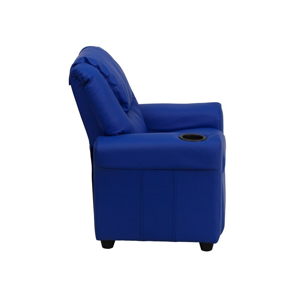 Contemporary Blue Vinyl Kids Recliner with Cup Holder and Headrest