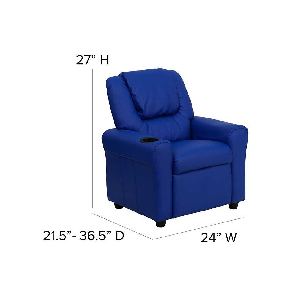 Contemporary Blue Vinyl Kids Recliner with Cup Holder and Headrest