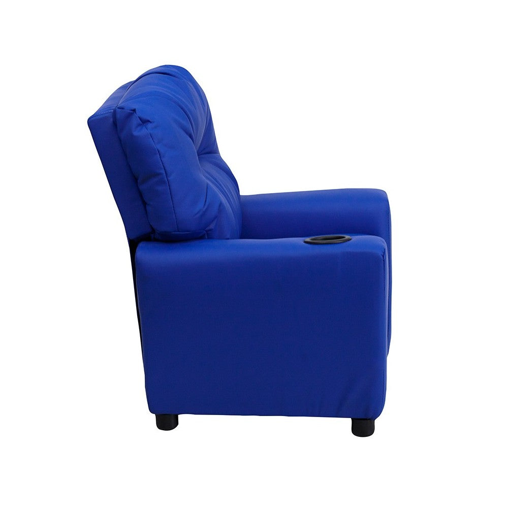 Contemporary Blue Vinyl Kids Recliner with Cup Holder