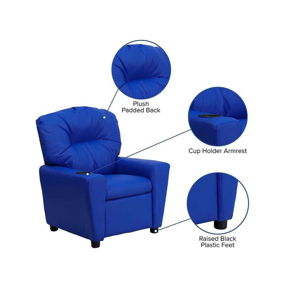 Contemporary Blue Vinyl Kids Recliner with Cup Holder