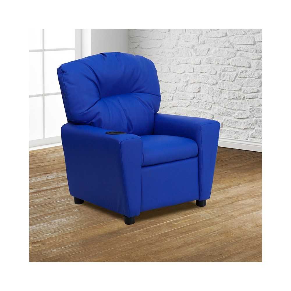Contemporary Blue Vinyl Kids Recliner with Cup Holder
