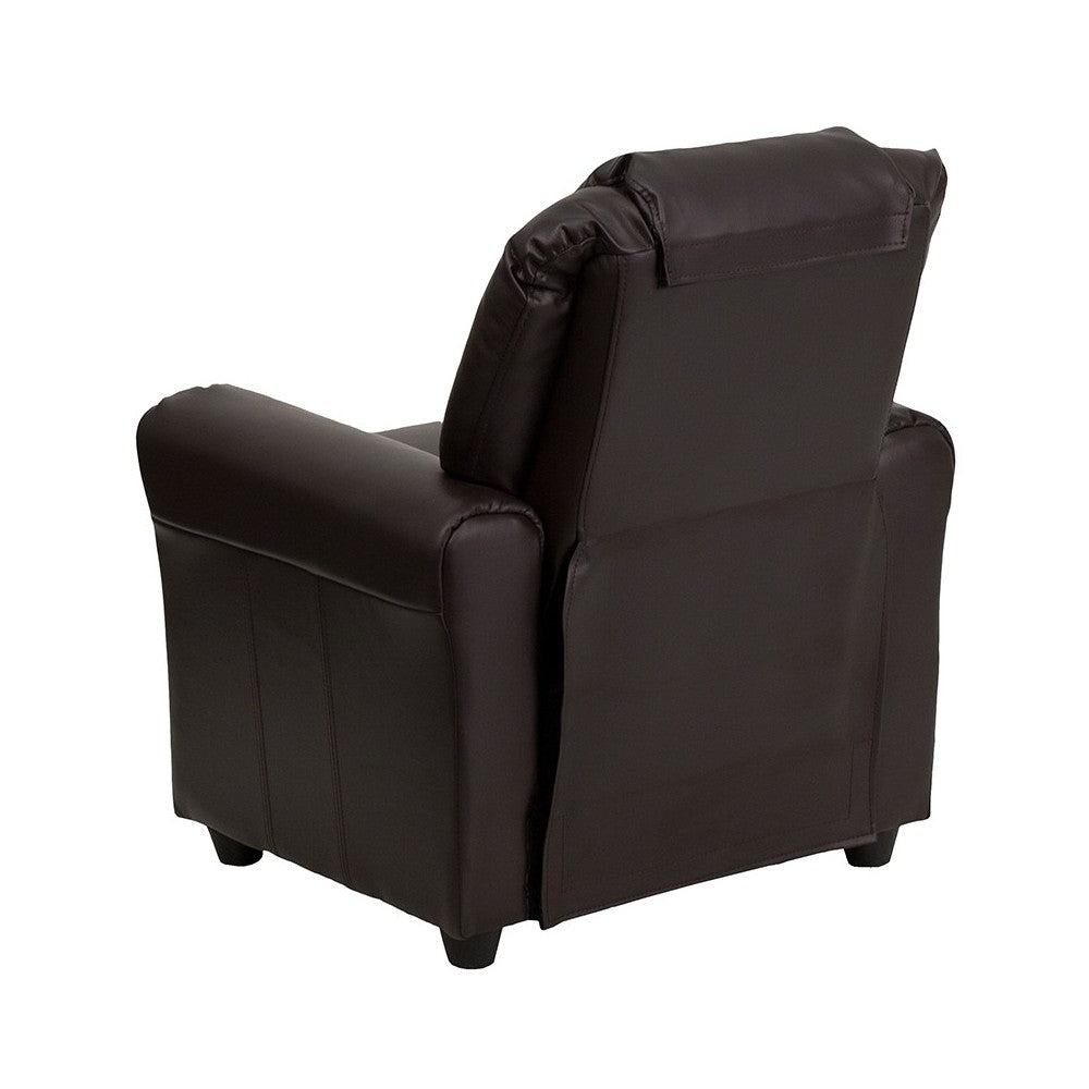 Contemporary Brown LeatherSoft Kids Recliner with Cup Holder and Headrest