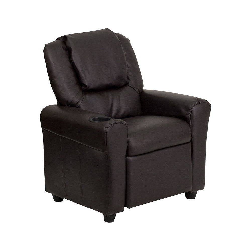 Contemporary Brown LeatherSoft Kids Recliner with Cup Holder and Headrest