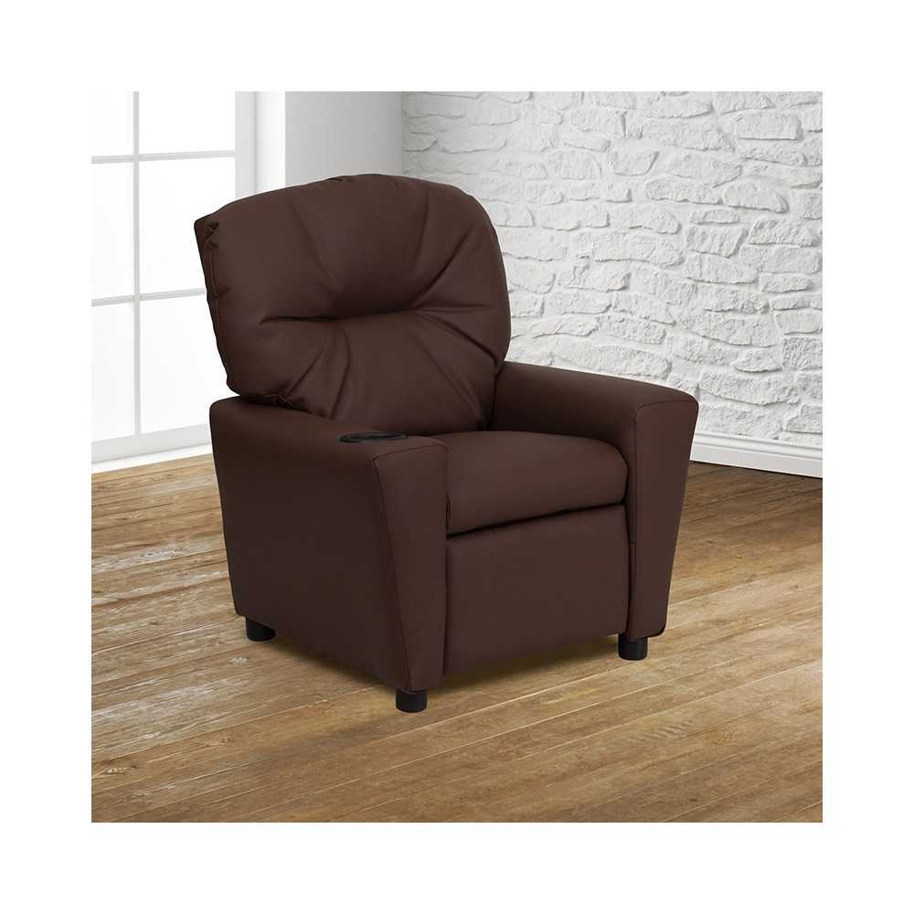 Contemporary Brown LeatherSoft Kids Recliner with Cup Holder