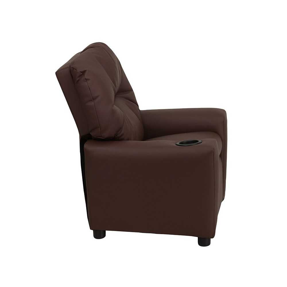 Contemporary Brown LeatherSoft Kids Recliner with Cup Holder