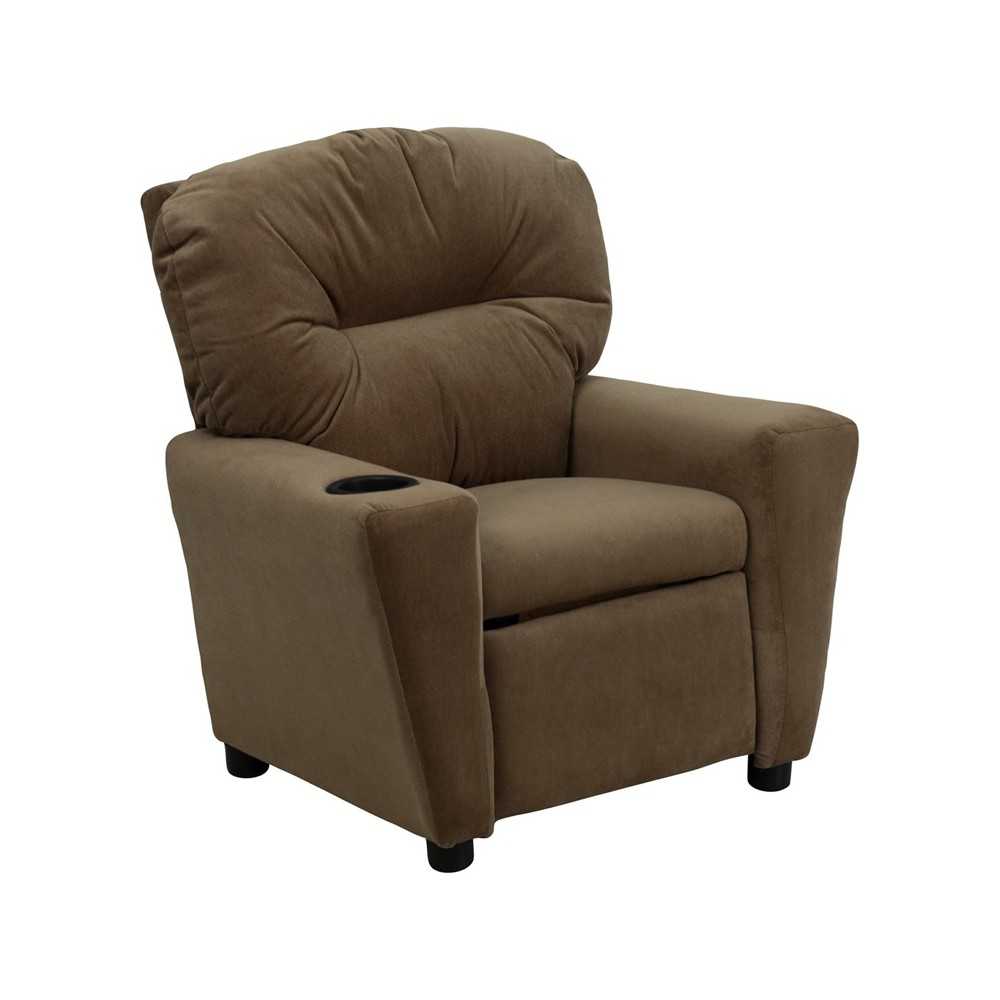 Contemporary Brown Microfiber Kids Recliner with Cup Holder