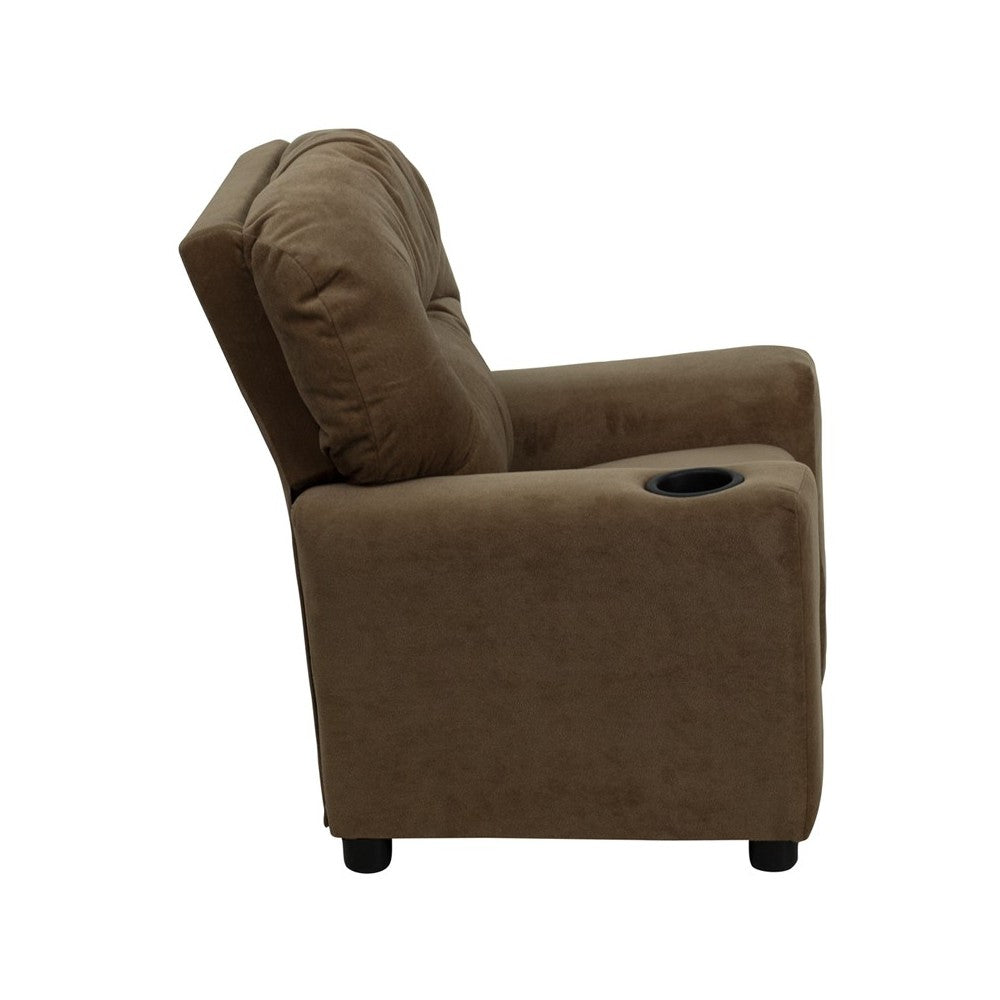 Contemporary Brown Microfiber Kids Recliner with Cup Holder