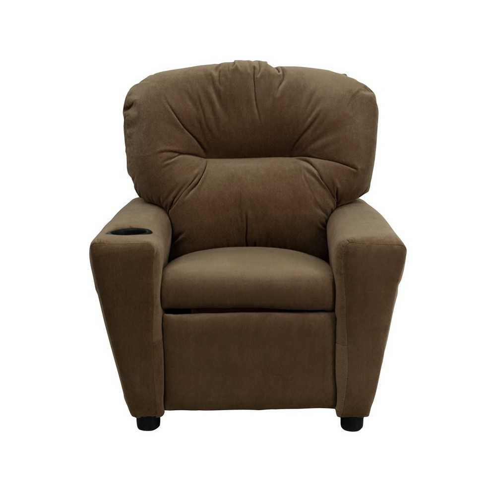 Contemporary Brown Microfiber Kids Recliner with Cup Holder