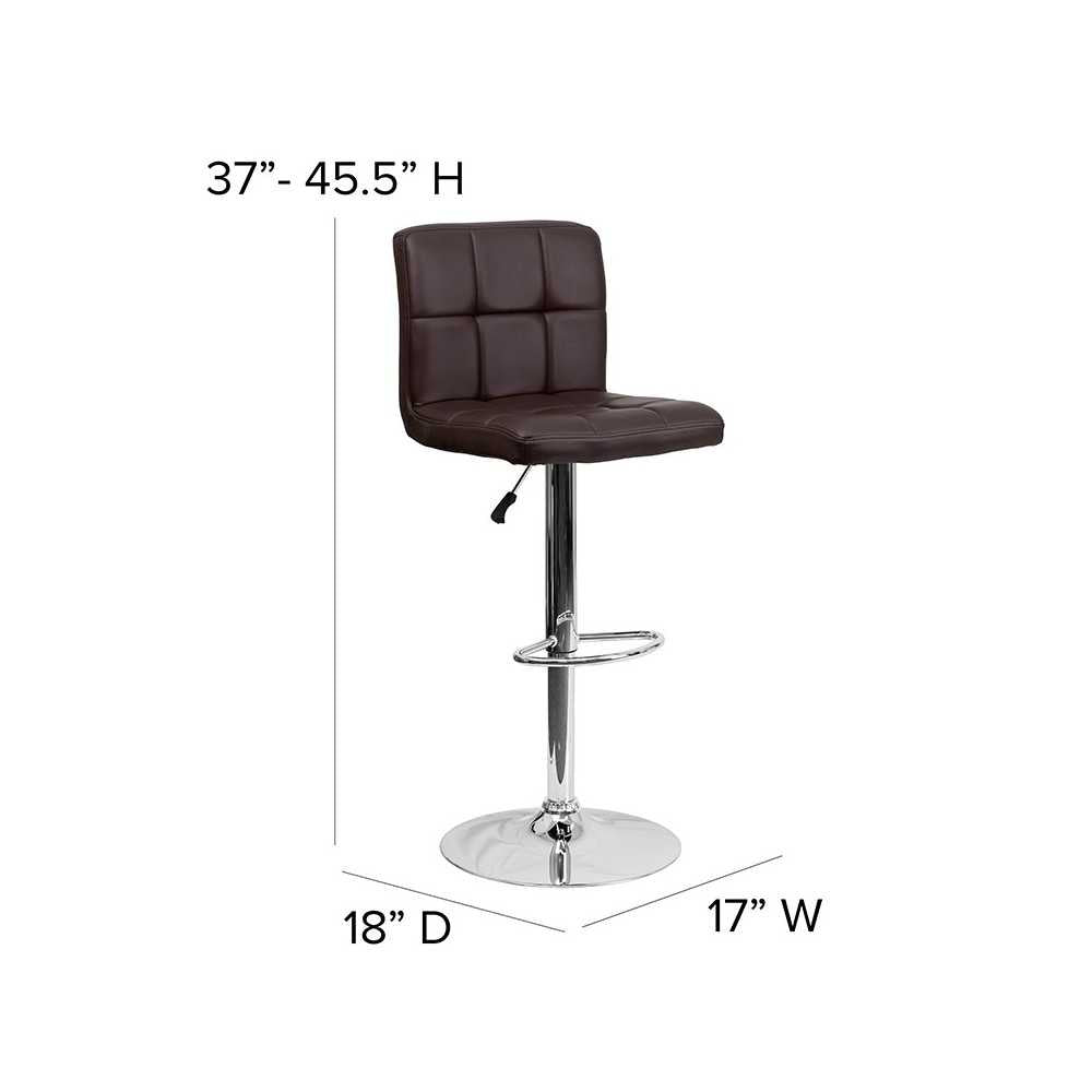 Contemporary Brown Quilted Vinyl Adjustable Height Barstool with Chrome Base