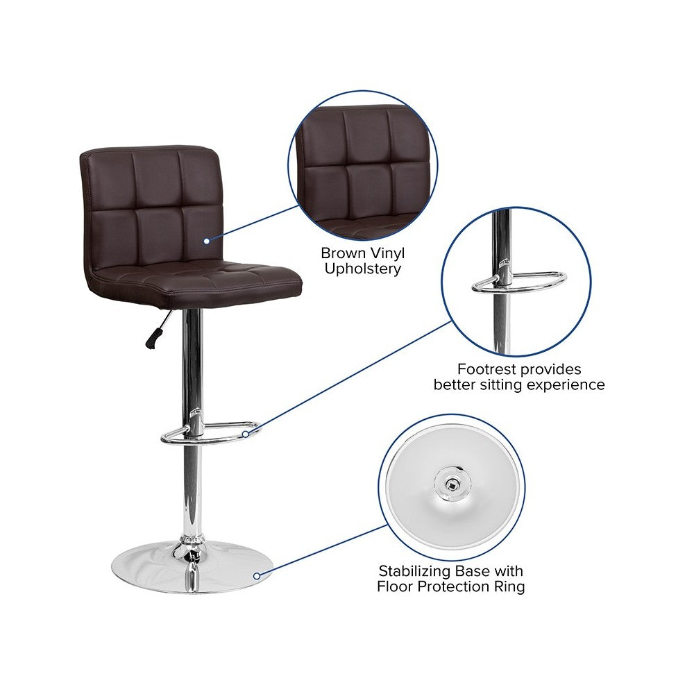 Contemporary Brown Quilted Vinyl Adjustable Height Barstool with Chrome Base