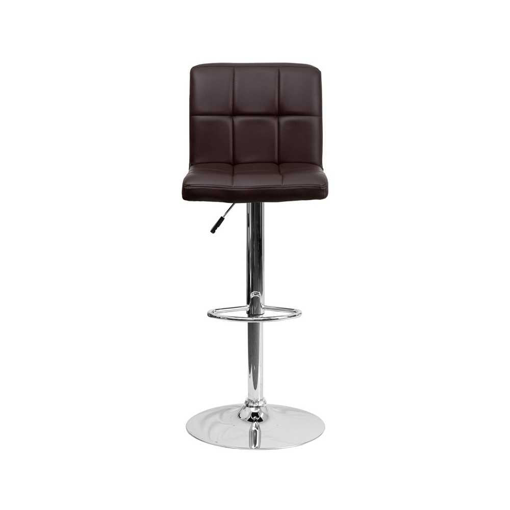 Contemporary Brown Quilted Vinyl Adjustable Height Barstool with Chrome Base