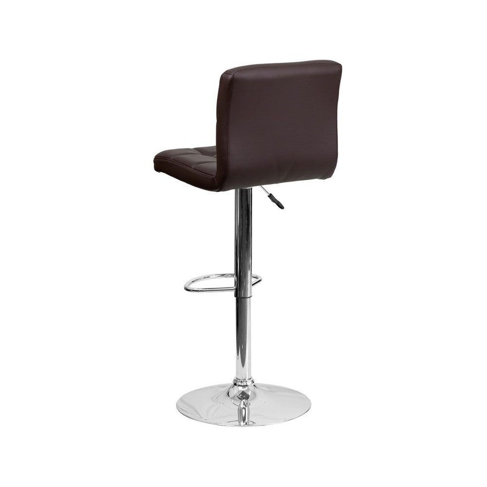 Contemporary Brown Quilted Vinyl Adjustable Height Barstool with Chrome Base