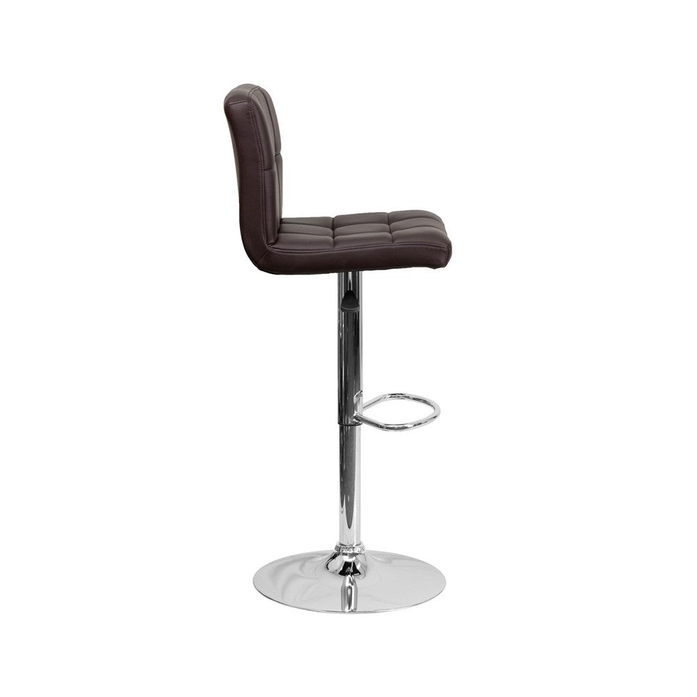 Contemporary Brown Quilted Vinyl Adjustable Height Barstool with Chrome Base