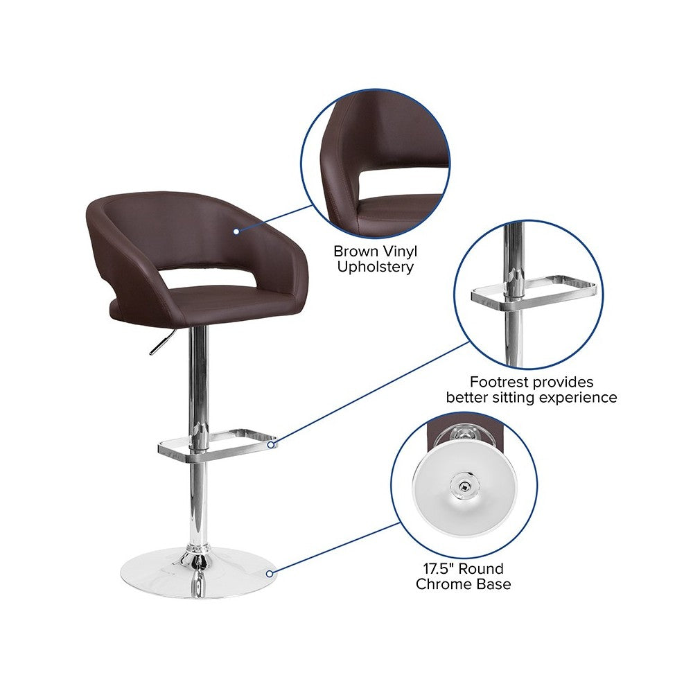 Contemporary Brown Vinyl Adjustable Height Barstool with Rounded Mid-Back and Chrome Base