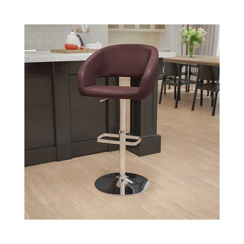Contemporary Brown Vinyl Adjustable Height Barstool with Rounded Mid-Back and Chrome Base