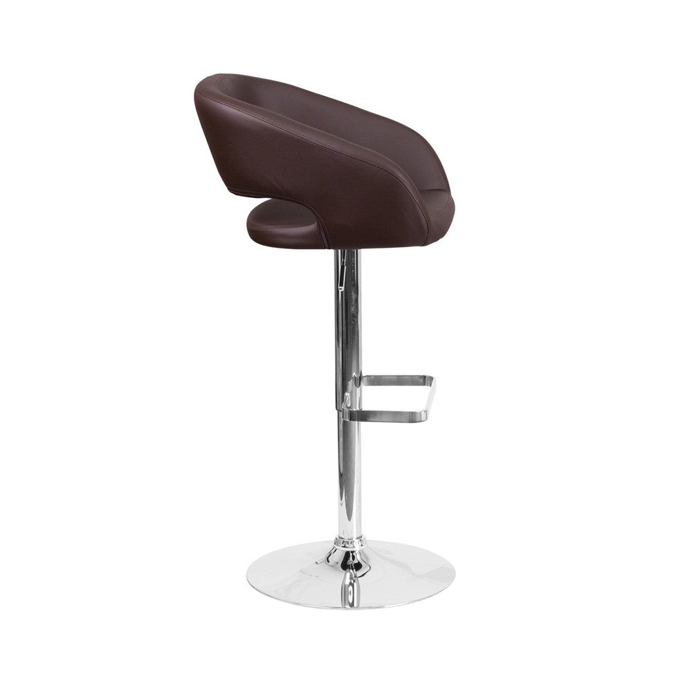 Contemporary Brown Vinyl Adjustable Height Barstool with Rounded Mid-Back and Chrome Base