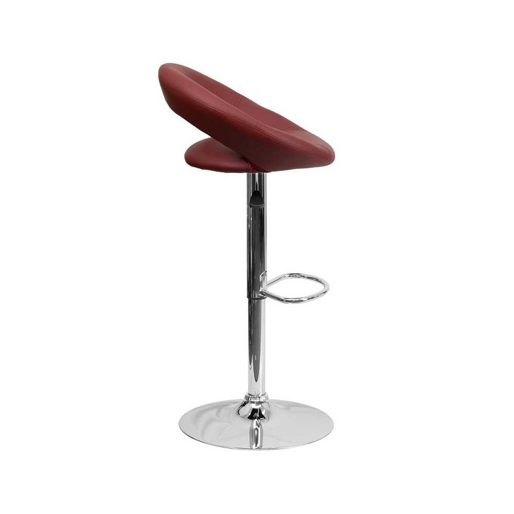 Contemporary Burgundy Vinyl Rounded Orbit-Style Back Adjustable Height Barstool with Chrome Base
