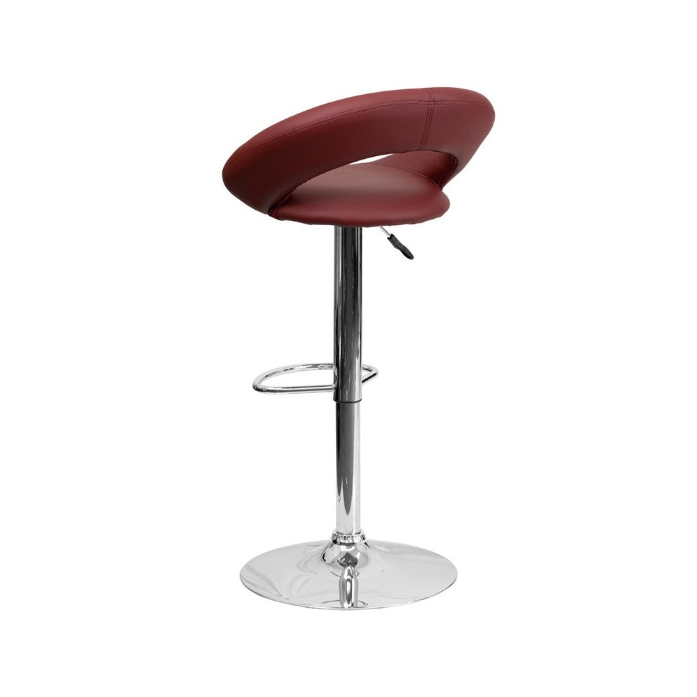 Contemporary Burgundy Vinyl Rounded Orbit-Style Back Adjustable Height Barstool with Chrome Base