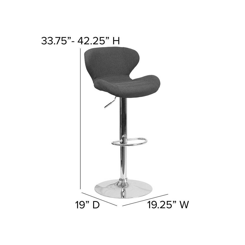 Contemporary Charcoal Fabric Adjustable Height Barstool with Curved Back and Chrome Base