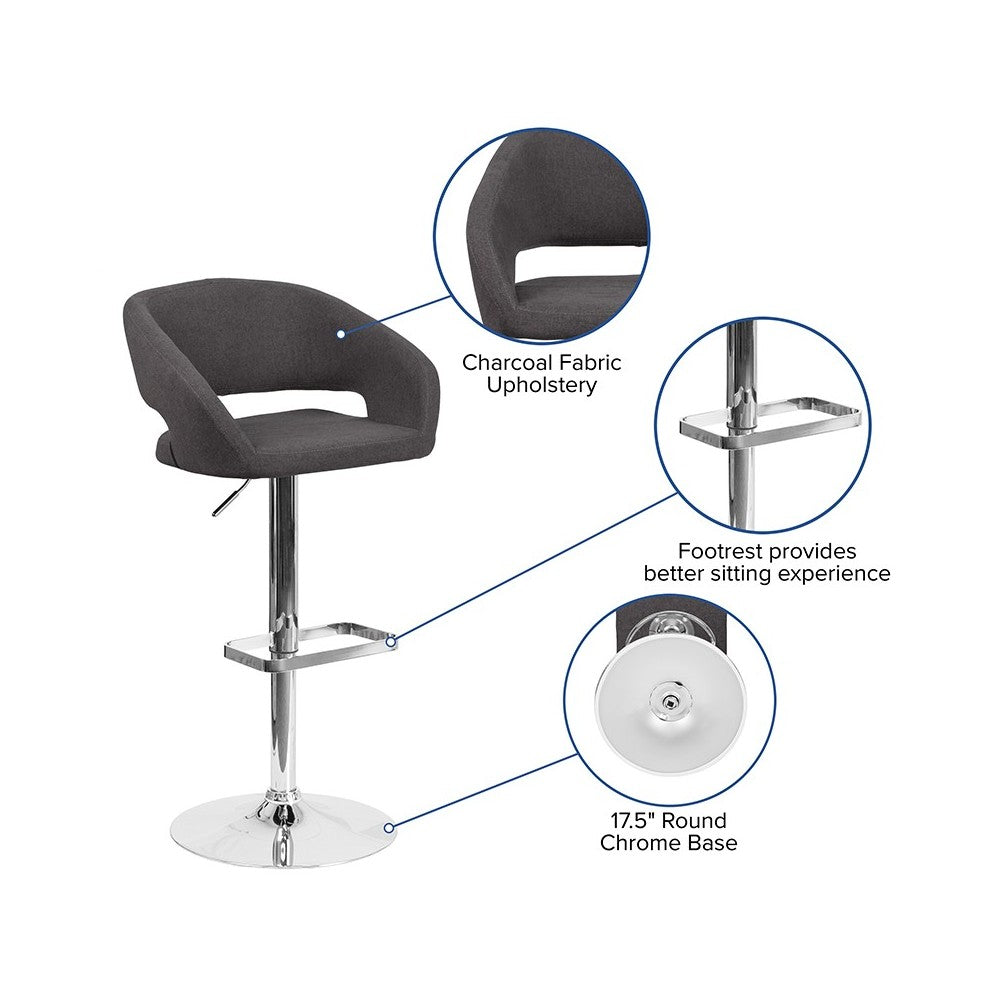 Contemporary Charcoal Fabric Adjustable Height Barstool with Rounded Mid-Back and Chrome Base