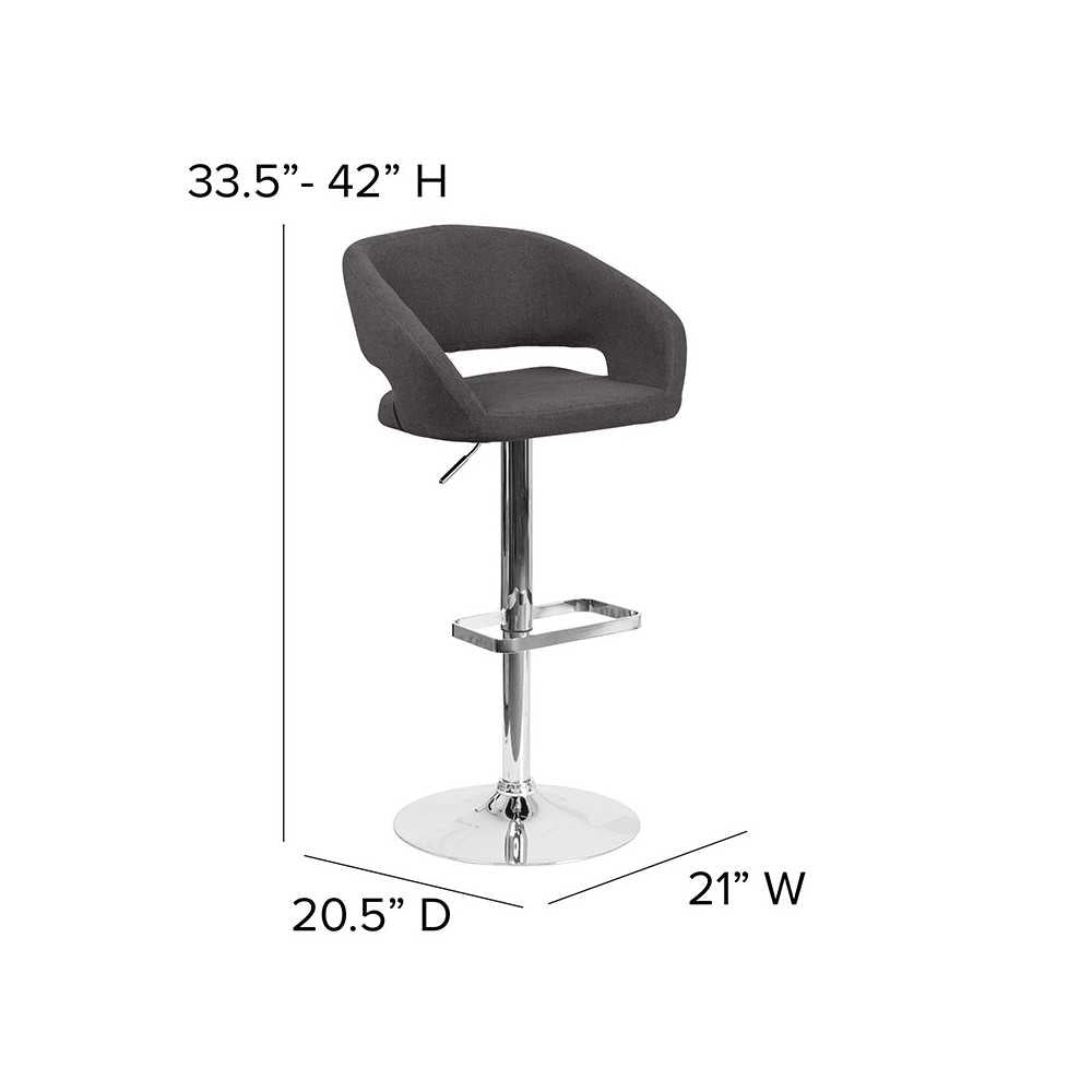 Contemporary Charcoal Fabric Adjustable Height Barstool with Rounded Mid-Back and Chrome Base