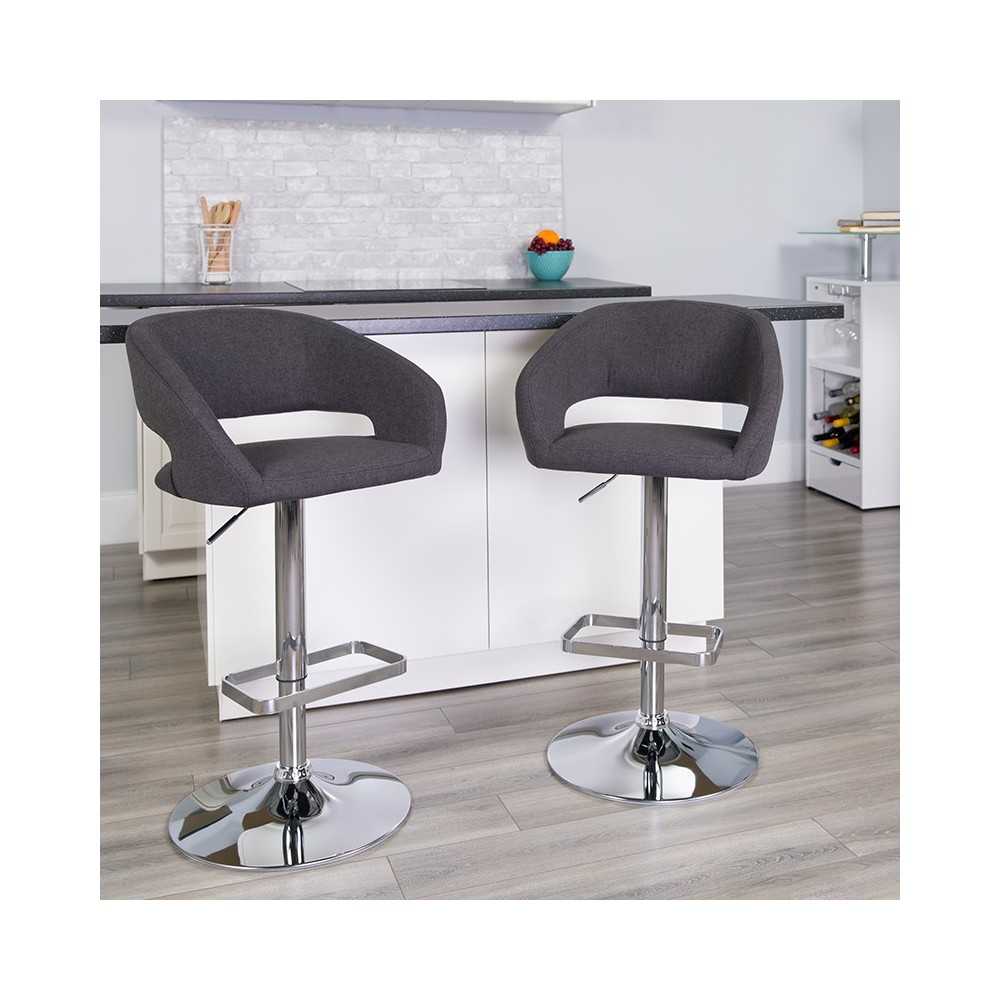 Contemporary Charcoal Fabric Adjustable Height Barstool with Rounded Mid-Back and Chrome Base