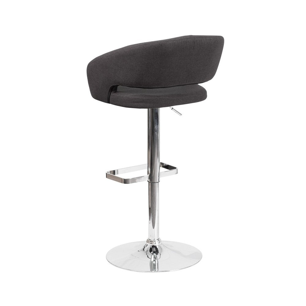 Contemporary Charcoal Fabric Adjustable Height Barstool with Rounded Mid-Back and Chrome Base