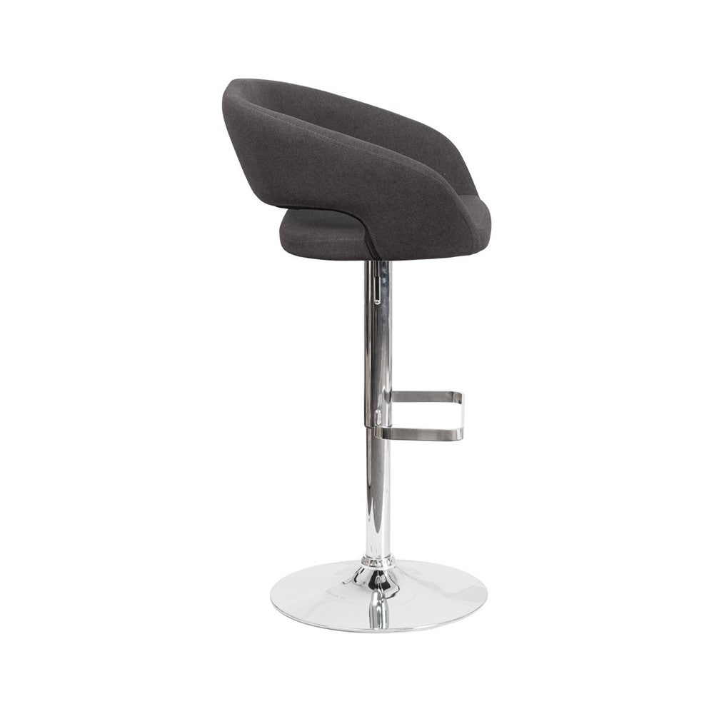 Contemporary Charcoal Fabric Adjustable Height Barstool with Rounded Mid-Back and Chrome Base