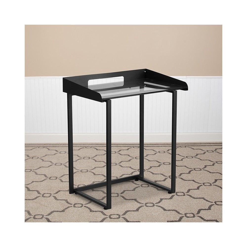 Contemporary Clear Tempered Glass Desk with Raised Cable Management Border and Black Metal Frame