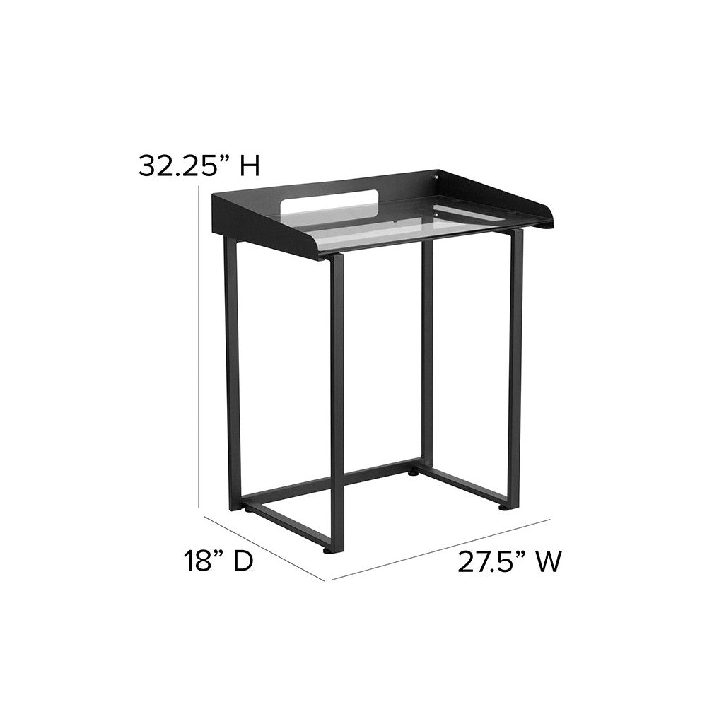 Contemporary Clear Tempered Glass Desk with Raised Cable Management Border and Black Metal Frame