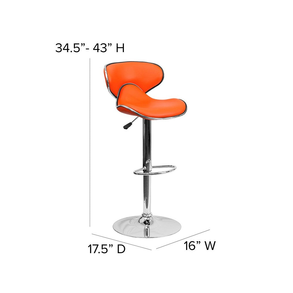 Contemporary Cozy Mid-Back Orange Vinyl Adjustable Height Barstool with Chrome Base