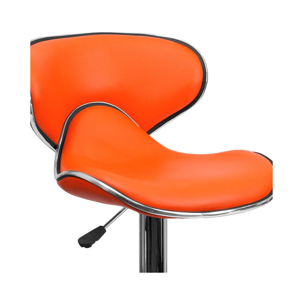 Contemporary Cozy Mid-Back Orange Vinyl Adjustable Height Barstool with Chrome Base