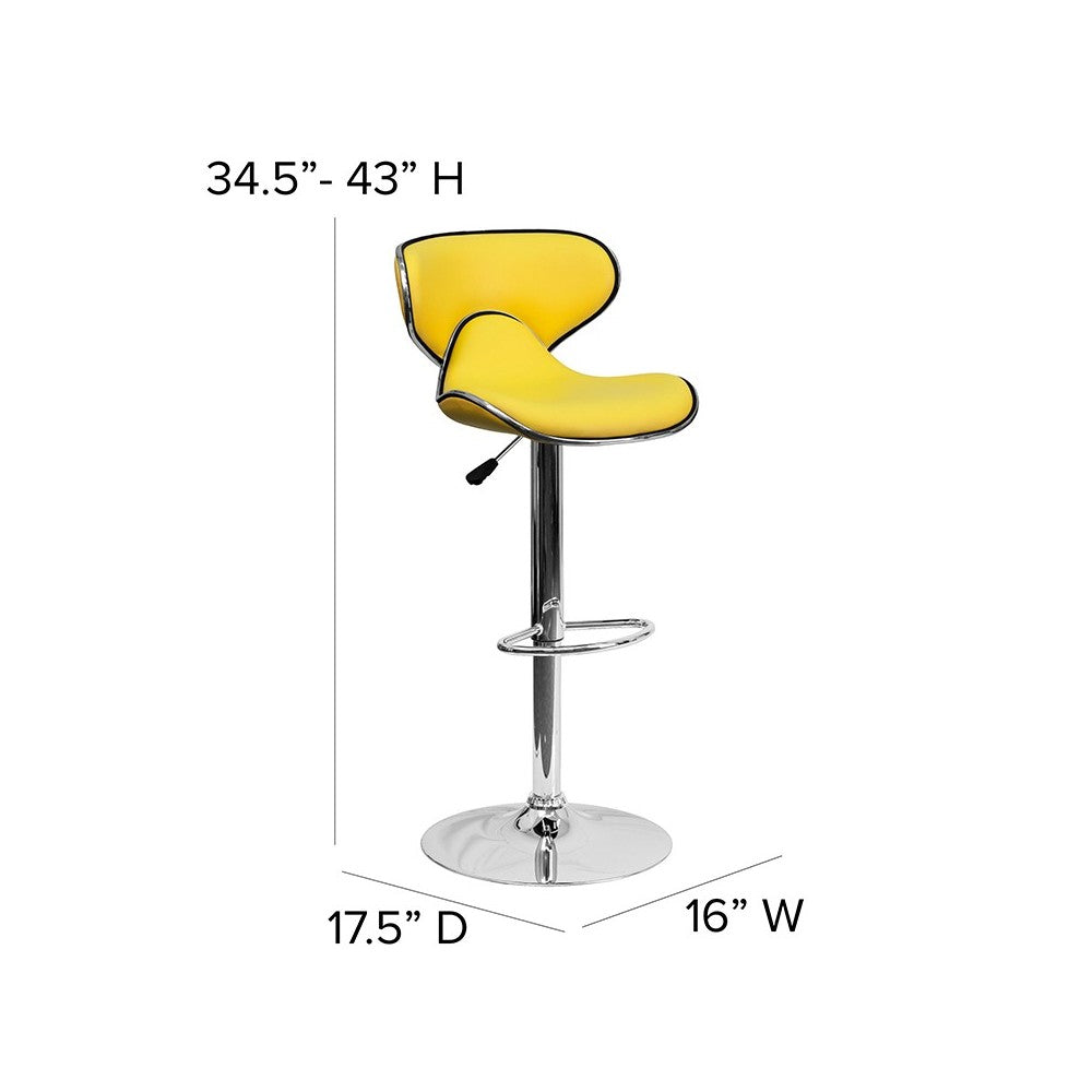 Contemporary Cozy Mid-Back Yellow Vinyl Adjustable Height Barstool with Chrome Base