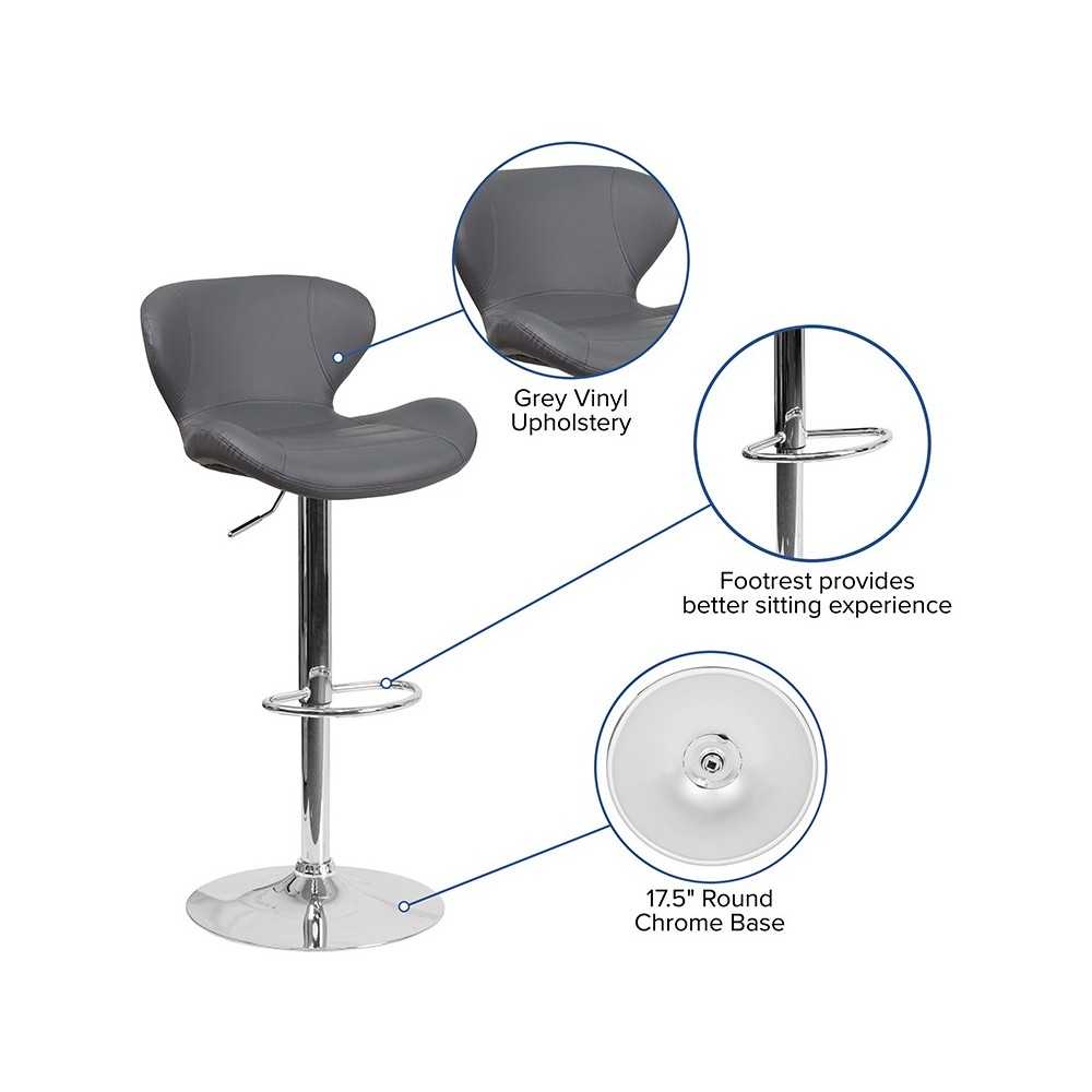 Contemporary Gray Vinyl Adjustable Height Barstool with Curved Back and Chrome Base