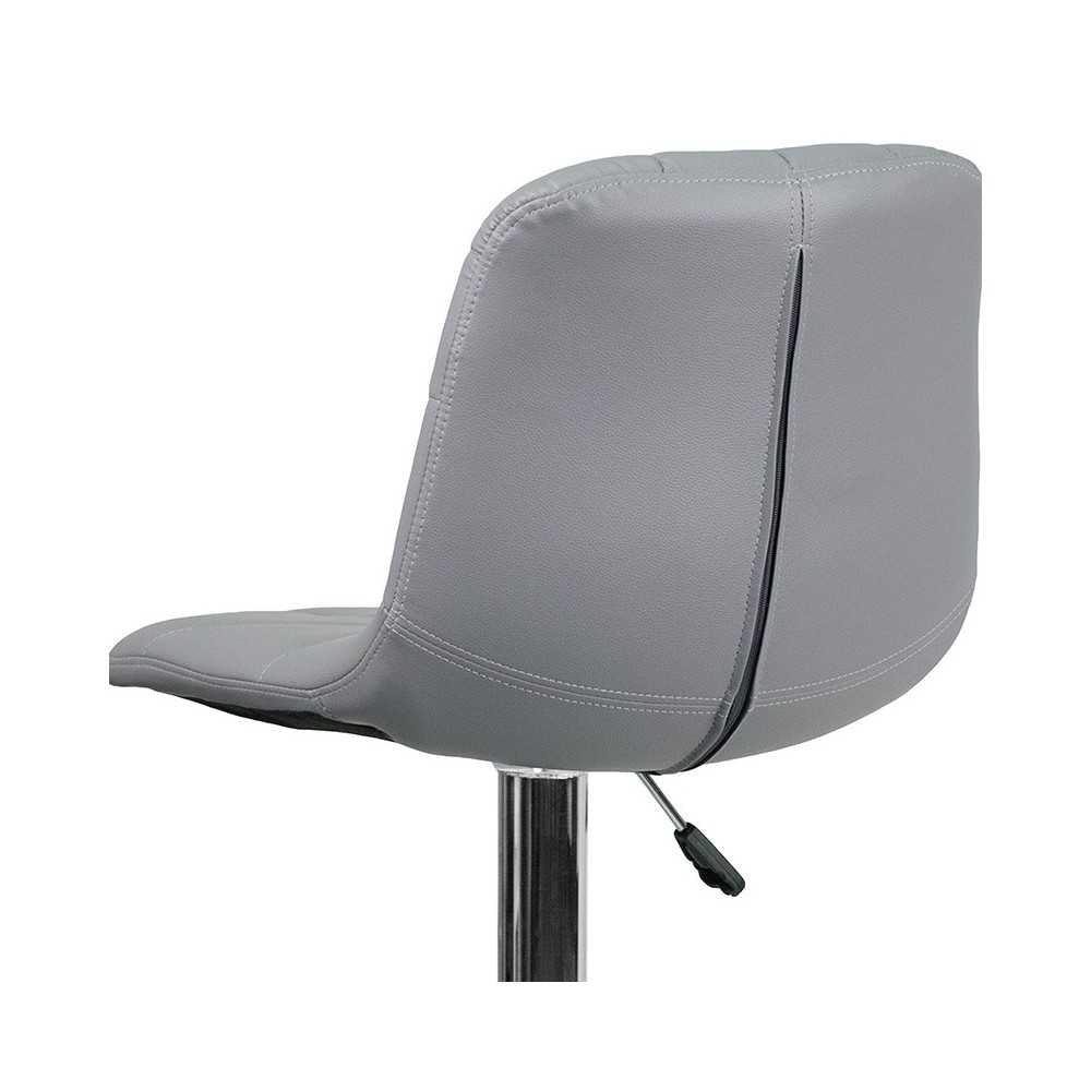 Contemporary Gray Vinyl Adjustable Height Barstool with Embellished Stitch Design and Chrome Base