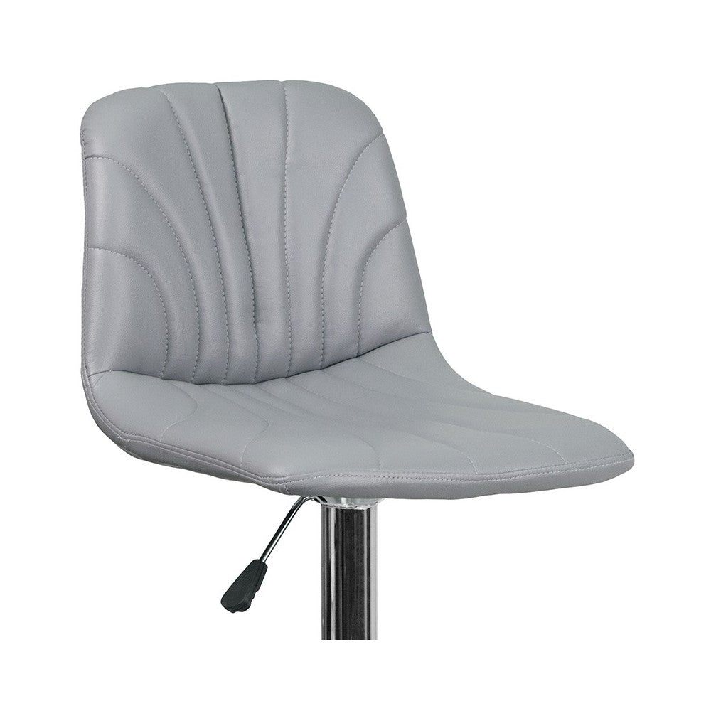 Contemporary Gray Vinyl Adjustable Height Barstool with Embellished Stitch Design and Chrome Base