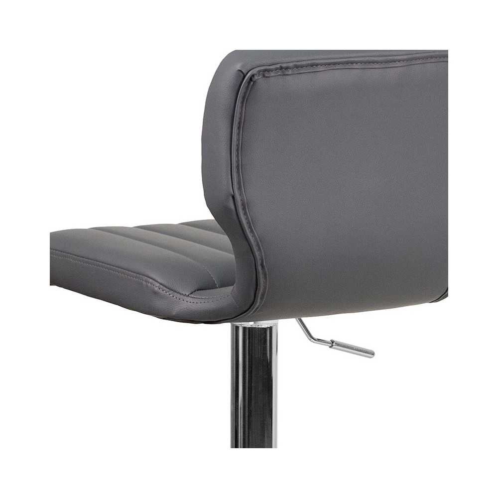 Contemporary Gray Vinyl Adjustable Height Barstool with Vertical Stitch Back and Chrome Base