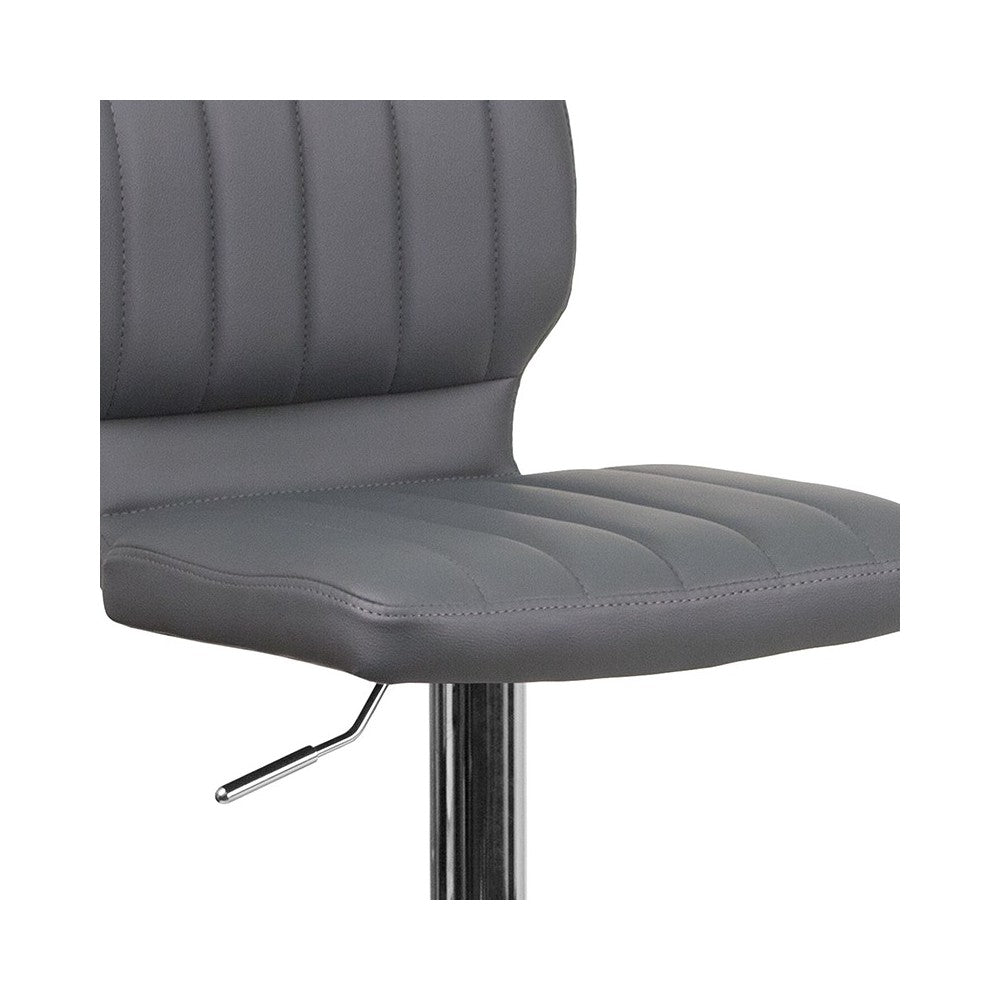 Contemporary Gray Vinyl Adjustable Height Barstool with Vertical Stitch Back and Chrome Base