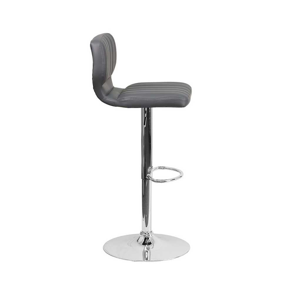 Contemporary Gray Vinyl Adjustable Height Barstool with Vertical Stitch Back and Chrome Base