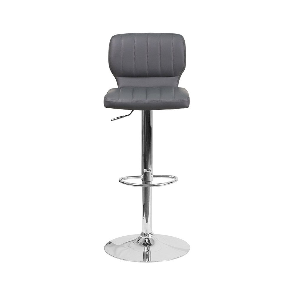 Contemporary Gray Vinyl Adjustable Height Barstool with Vertical Stitch Back and Chrome Base
