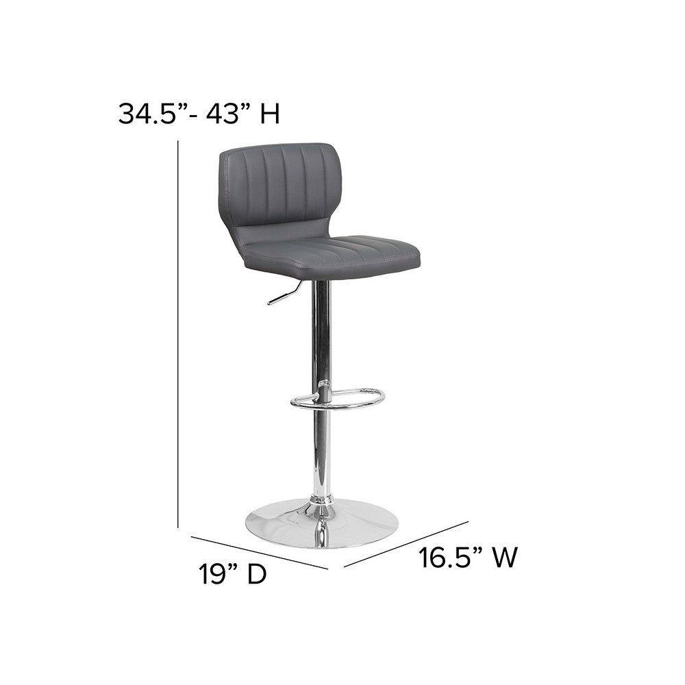 Contemporary Gray Vinyl Adjustable Height Barstool with Vertical Stitch Back and Chrome Base