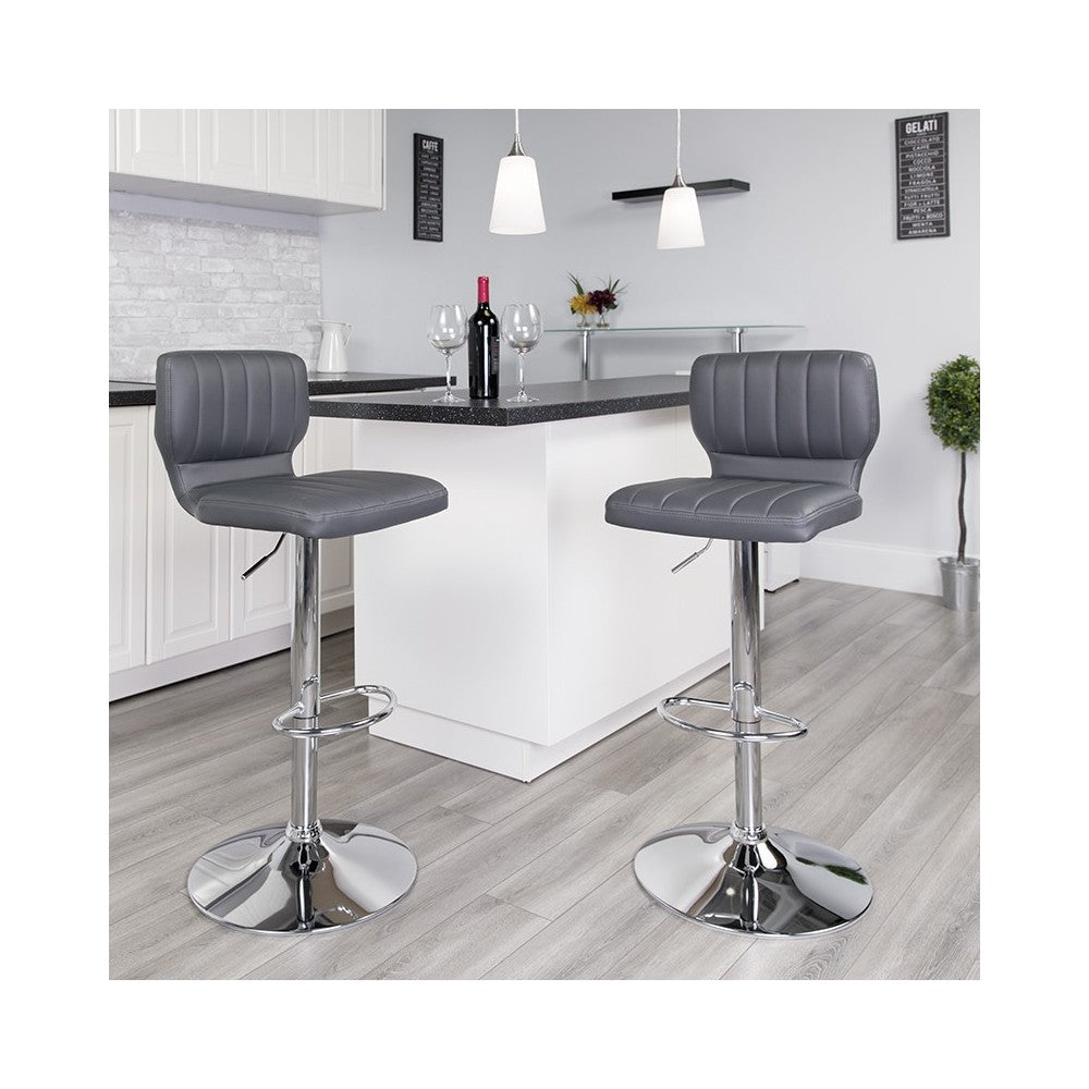 Contemporary Gray Vinyl Adjustable Height Barstool with Vertical Stitch Back and Chrome Base